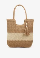 Torebki damskie - Ciemnobeżowa Pleciona Torebka z Dwiema Rączkami i Dekoracyjnymi Frędzlami Ibernia - miniaturka - grafika 1