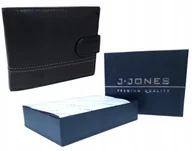 Portfele - Portfel męski czarny skórzany poziomy z zatrzaskiem i dekoracyjnymi przeszyciami Jennifer Jones RFID SAFE elegancki prezent na święta - miniaturka - grafika 1