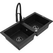 Zlewozmywaki z baterią - Mexen Mario zlewozmywak granitowy 2-komorowy z baterią kuchenną Aster, czarny - miniaturka - grafika 1