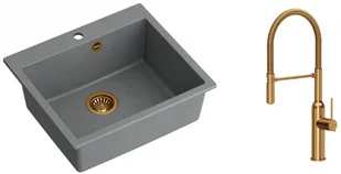 Quadron Zlewozmywak granitowy jednokomorowy 57*50*22 cm MORGAN 110 SILVER STONE z miedzianym odpływem z baterią MARILYN Q LINE z ruchomą wylewką kolor miedziany - Zlewozmywaki z baterią - miniaturka - grafika 1