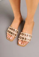 Klapki i japonki damskie - Jasnobeżowe Klapki Ozdobione Nitami Meralina - miniaturka - grafika 1