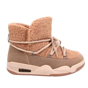 Botki Śniegowce Z Futerkiem Damskie Ocieplane Z Kożuszkiem Wygodne Wsuwane Sznurowane Baranek Khaki 40 - Botki damskie - miniaturka - grafika 1