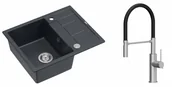 Zlewozmywaki z baterią - Quadron Unique Zlewozmywak granitowy jednokomorowy 62*50*22 cm z ociekaczem MORGAN 116 BLACK DIAMOND z syfonem Push-2-Open w kolorze stalowym z baterią GEMMA Q LINE SLIM z ruchomą wylewką kolor stal szczotkowana/czarny wąż - miniaturka - grafika 1
