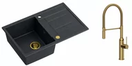 Zlewozmywaki z baterią - Quadron Zlewozmywak granitowy jednokomorowy 78*50*22 cm z ociekaczem MORGAN 111 BLACK DIAMOND ze złotym odpływem z baterią MARILYN Q LINE z wyciąganą wylewką kolor złoty - miniaturka - grafika 1