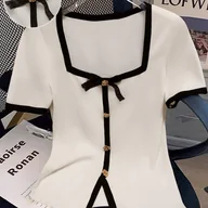 Bluzki damskie - TEMU Elegancka Bluzka Damska z Kokardką i Zapięciem na Guziki - Jednokolorowa, Dopasowana, Krótka Sukienka, Pranie w Praniu Maszynowym, - miniaturka - grafika 1