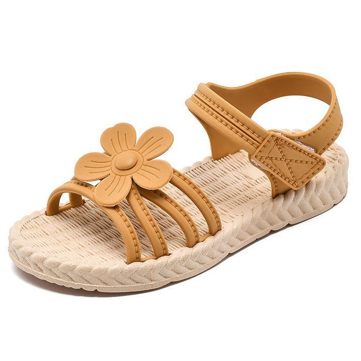 Sandałki dziewczęce Permani Wygodne Lekkie Gumowe Zapinane Na Rzepy Dziecięce Z Ozdobą Z Kwiatkami Na Lato Letnie Brązowe 31