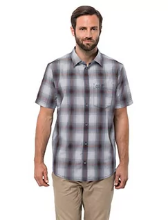 Koszulki męskie - Jack Wolfskin Hot Chili koszulka M, męska koszula na podróż i czas wolny, wygodna koszula w kratkę dla mężczyzn, koszula w kratkę z bawełny na gorące dni Pebble Grey Checks S 1400245 - grafika 1