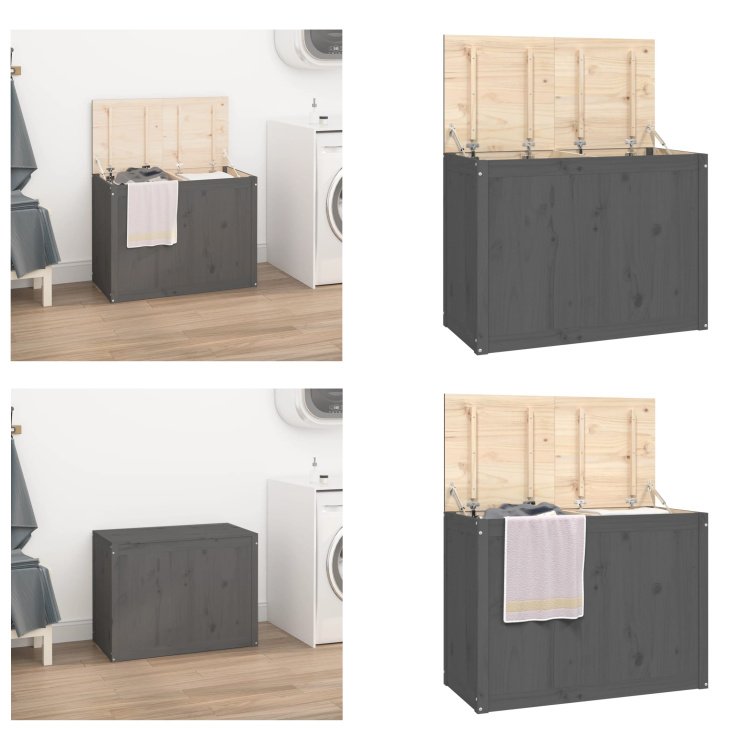 vidaXL Skrzynia na pranie szara 88,5x44x66 cm lite drewno sosnowe - Skrzynia na pranie - Skrzynia na pranie - Skrzynia na pranie - Kosz na pranie