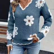 Swetry damskie - TEMU Damski sweter z dekoltem w serek i długim rękawem, codzienny sweter z kolorowym blokadą i koronkowym kołnierzykiem, z żakardowym wzorem - miniaturka - grafika 1
