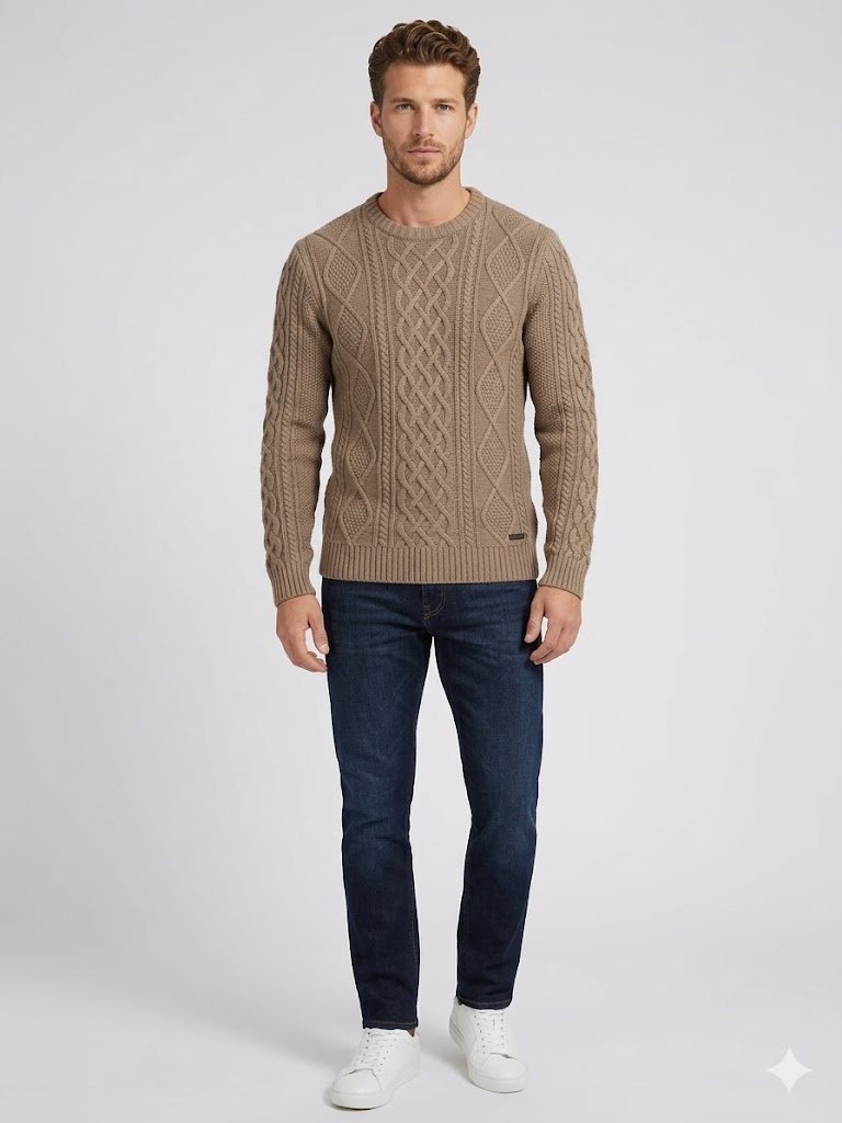 GUESS BEŻOWY SWETER MĘSKI WARKOCZE OKRĄGŁY DEKOLT XS 1GŁA