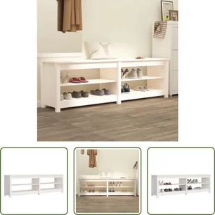 The Living Store Ławka na buty biała 160x36,5x50 cm lite drewno sosnowe - Szafki na buty - miniaturka - grafika 1