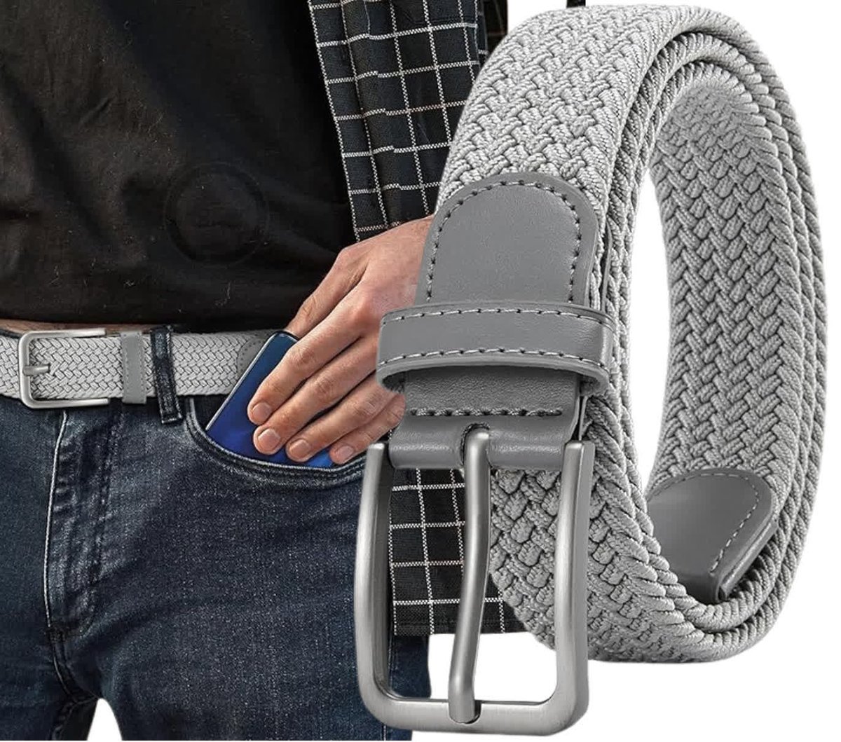 Elastyczny elegancki mocny pasek pleciony parciany do spodni szary