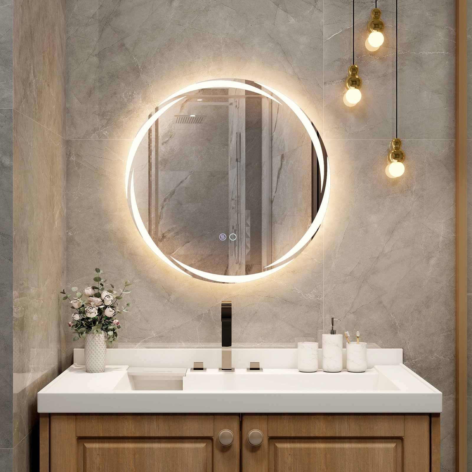 Lustro łazienkowe LED COSTWAY 60 x 60 CM, okrągłe lustro naścienne ze ściemnianym 3-kolorowym oświetleniem, przełącznik dotykowy, przeciwmgielne