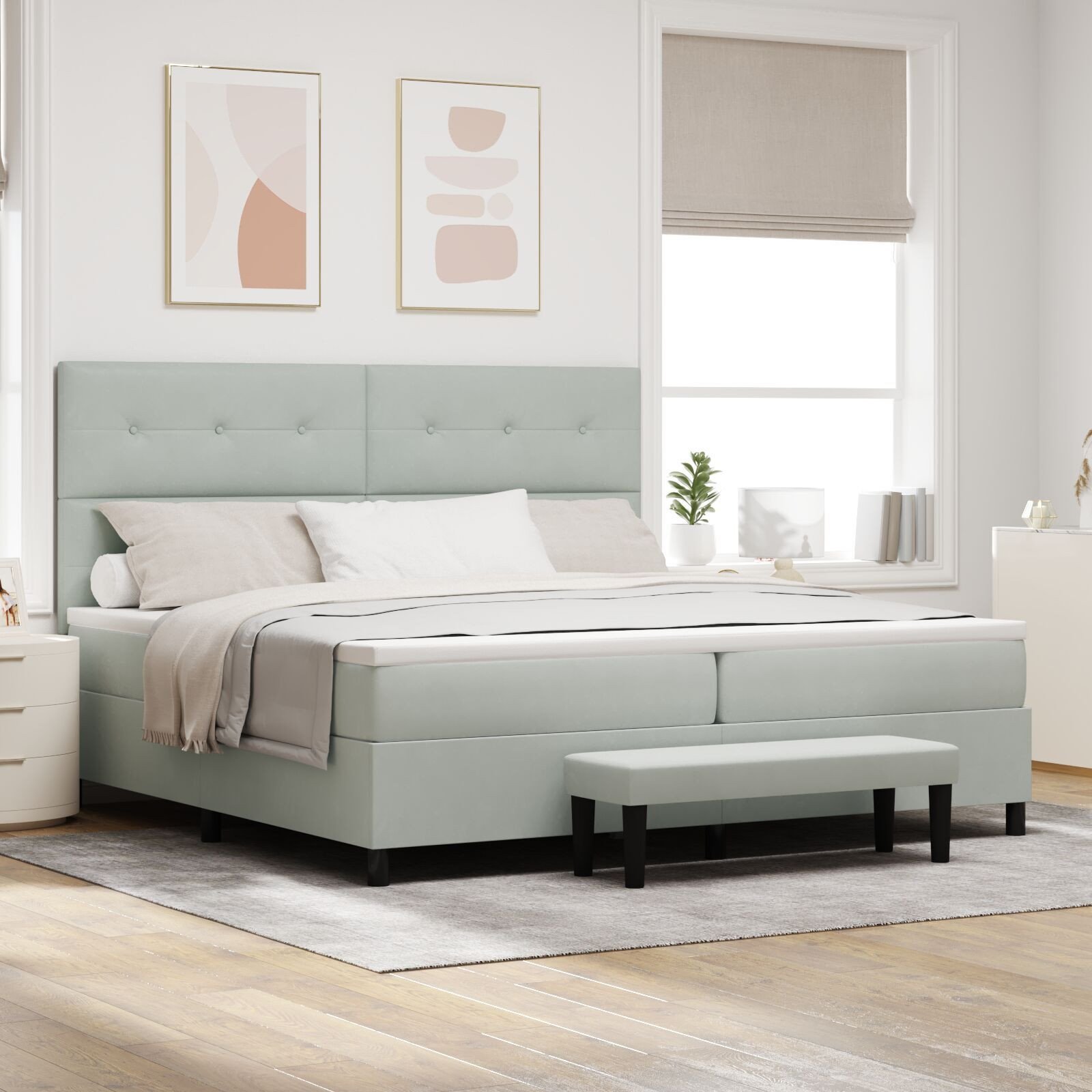 vidaXL Łóżko z box spring z materacem i ławką jasnoszarym 200x200 cm