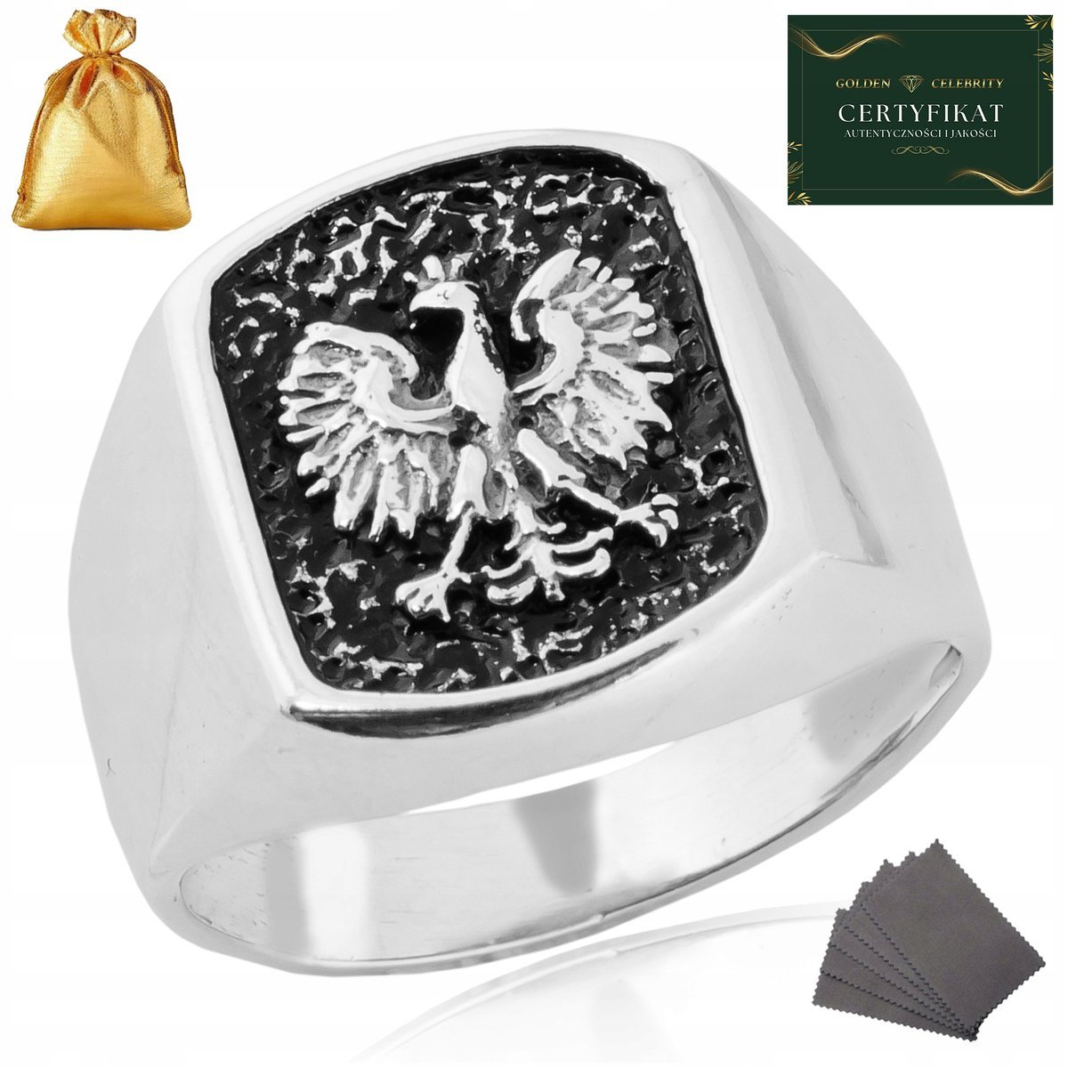 SREBRNY SYGNET MĘSKI OKSYDOWANY ORZEŁ GODŁO POLSKIE / SREBRO 925 ROZMIAR 25