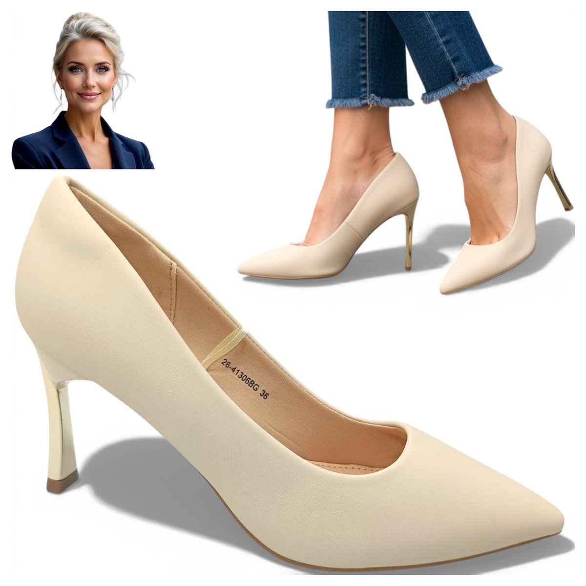 Damskie Czółenka na Obcasie Eleganckie Wygodne Półbuty Beżowe Potocki 39