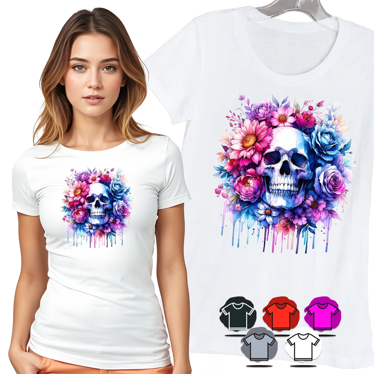 KOSZULKA DAMSKA T-SHIRT - CZASZKA RÓŻE I KWIATY AKWARELA WZÓR DAMSKI - XS