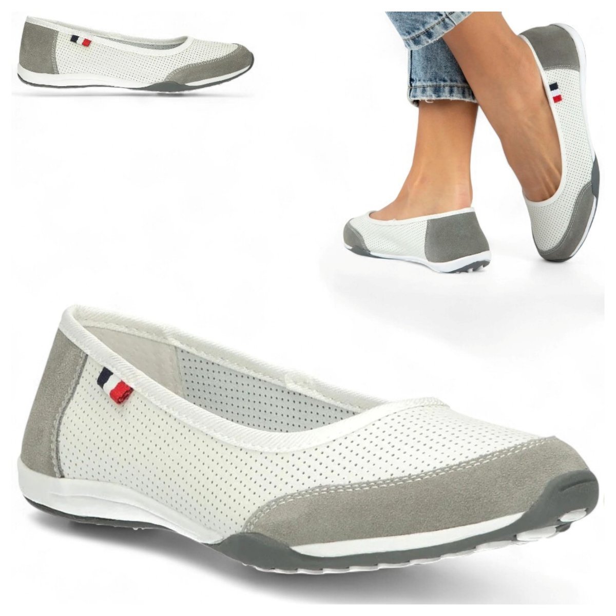 Baleriny Damskie Skórzane FILIPPO Ażurowe półbuty sportowe Białe Szare 38