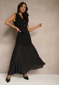 Komplety damskie - Czarny Komplet z Wiskozą Spódnica o Rozkloszowanym Kroju i Kamizelka Ozdobiona Guzikami Felilya - miniaturka - grafika 1