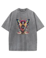 Koszulki i topy damskie - Koszulka oversize efekt sprania Słodka Wróżka Kwiaty szary M - miniaturka - grafika 1