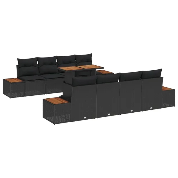 9-częściowy zestaw do jedzenia w ogrodzie, narożna sofa, czarny, rattan