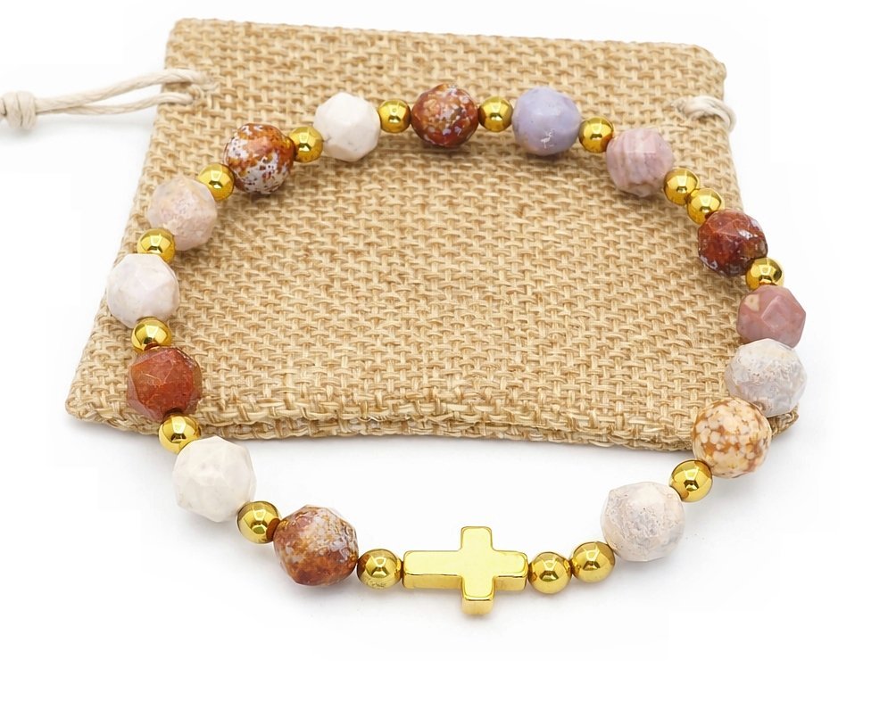 Bransoletka różaniec na rękę agat oceaniczny fasetowany rękodzieło na prezent