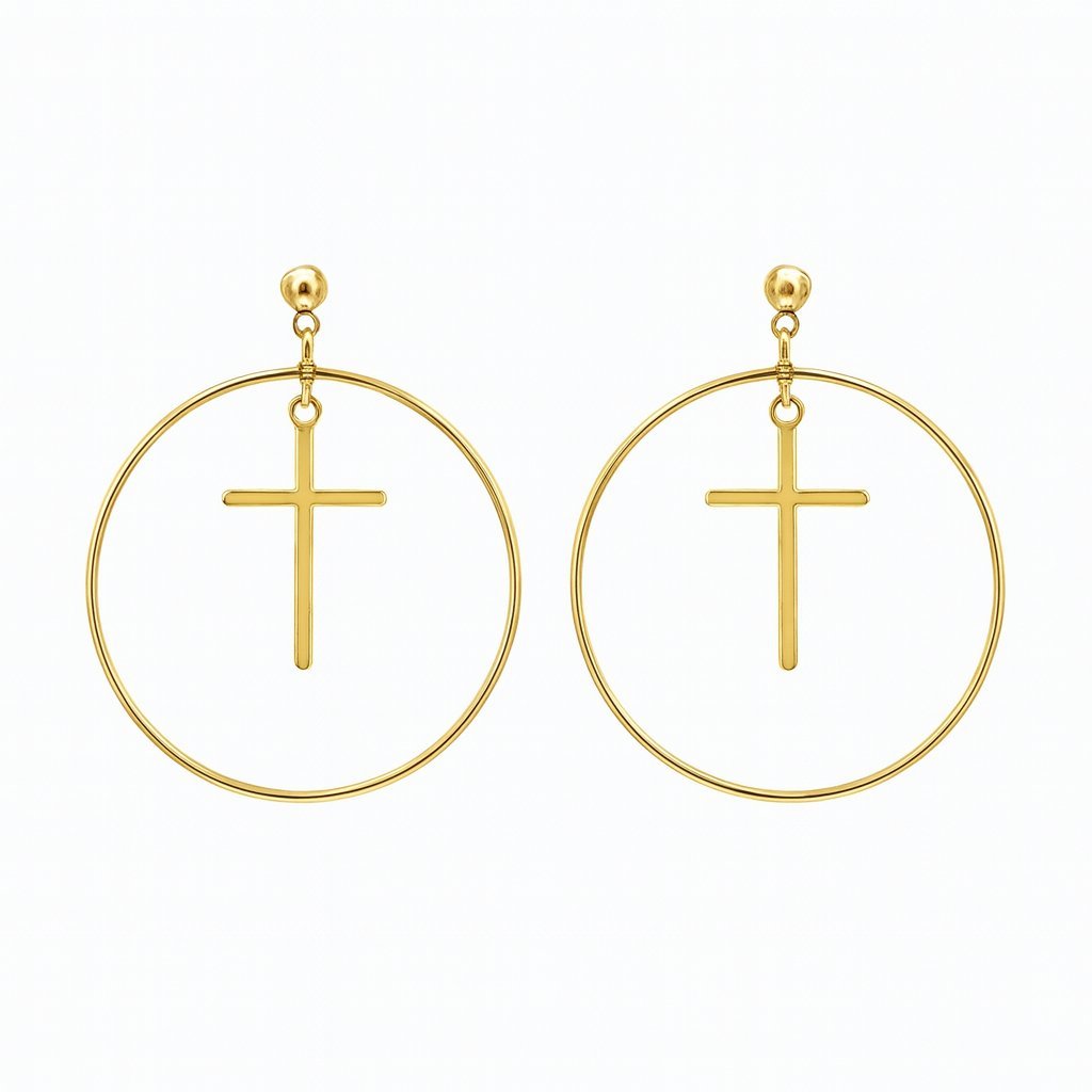 Kolczyki Faith - Złote Koła 4cm z Krzyżem Stal Chirurgiczna Sztyfty 48mm