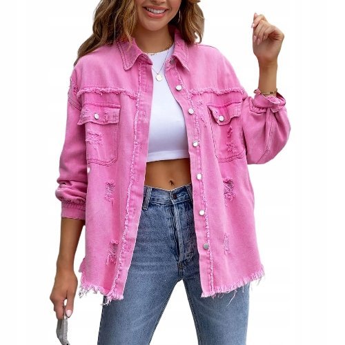 Modna Koszula Damska Kurtka Jeansowa Casualowa Luźna Bluza Różowa Pink