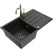Zlewozmywaki z baterią - Mexen Bruno zlewozmywak granitowy 1-komorowy z ociekaczem i baterią kuchenną Carla, czarny/złoty metalik - miniaturka - grafika 1