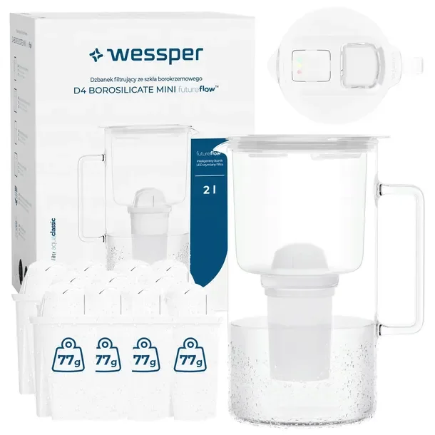 Dzbanek filtrujący szklany Wessper D4 BOROSILICATE MINI licznik + 12x filtr