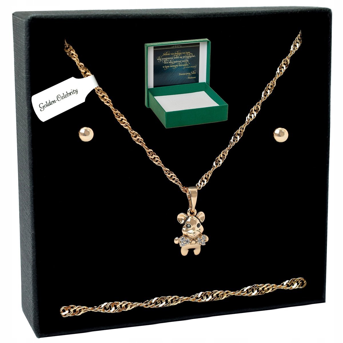 Złoty Komplet Biżuterii Stal Chirurgiczna Miś Z Cyrkoniami + Kolczyki 60 Cm