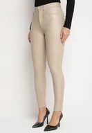 Spodnie damskie - Beżowe Dopasowane Spodnie z Imitacji Skóry Viremi - miniaturka - grafika 1
