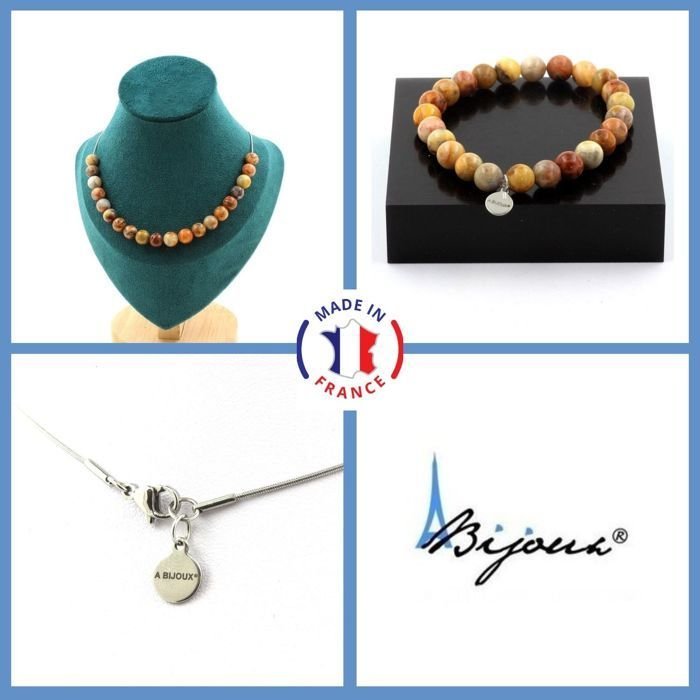 Kamienie i minerały. Komplet biżuterii Bransoletka Naszyjnik 20 Koralików Crazy Lace Agat 8 mm. Łańcuszek Możliwość dostosowania rozmiaru.