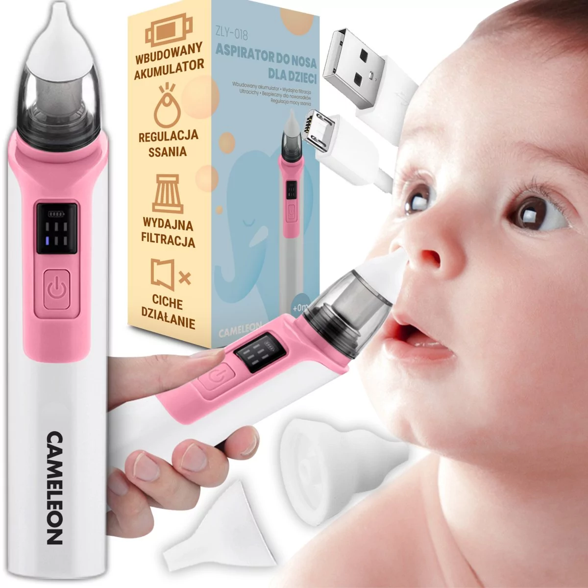ASPIRATOR DO NOSA uszu elektryczny odkurzacz ODCIĄGACZ KATARU regulacja moc  ZLY-018-PINK