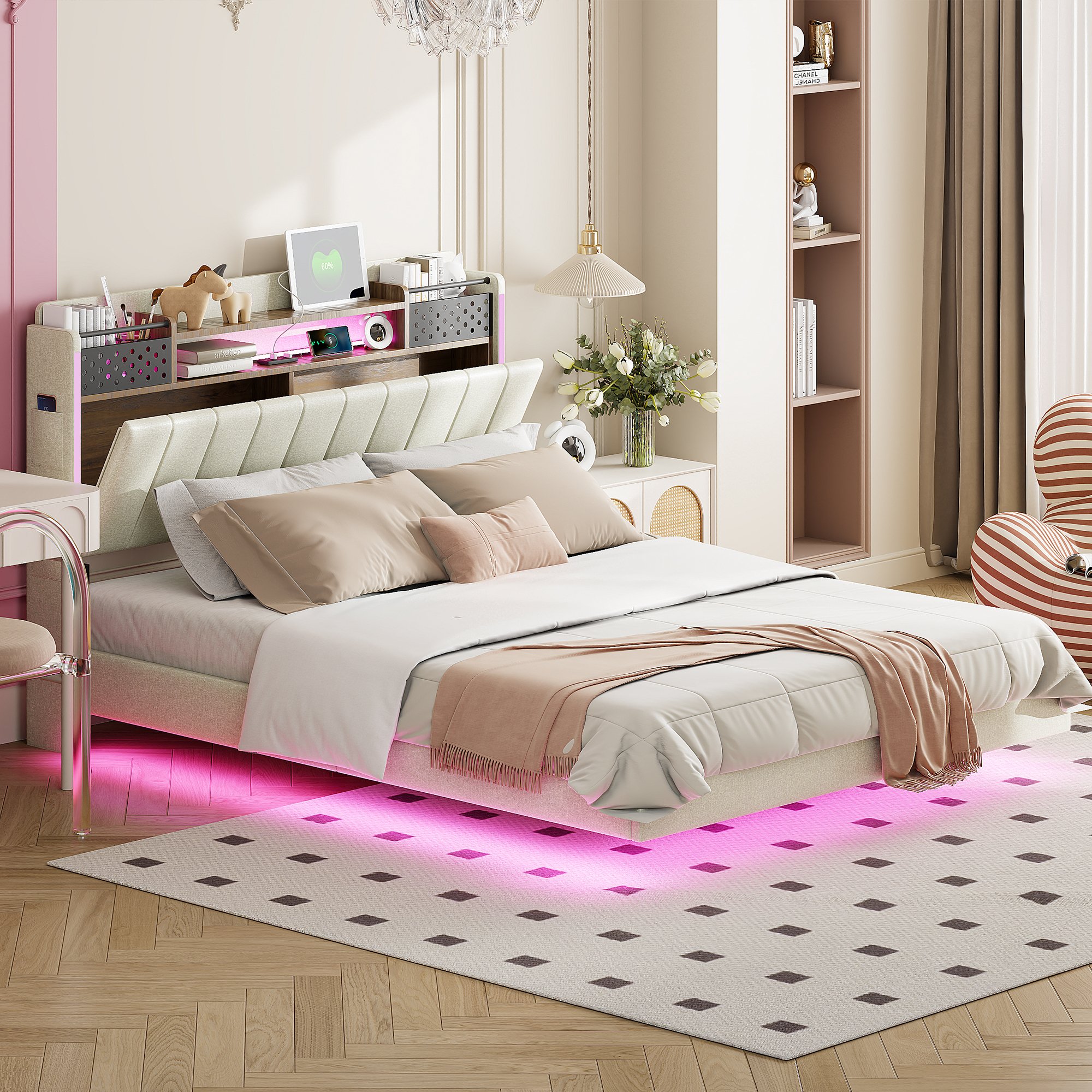 Łóżko tapicerowane Flieks 140x200cm z USB, podwójne łóżko młodzieżowe z LED, drewniane łóżko do przechowywania z zagłówkiem na zawiasach, klasyczne łóżko, pościel, beżowe