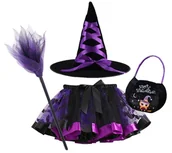 Stroje karnawałowe - Strój Przebranie Halloween Czarownica Wiedźma Tutu Fioletowa 104/128 (L) Miotła Koszyk - miniaturka - grafika 1