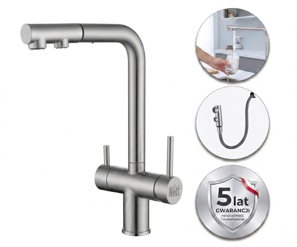 Nett Bateria kuchenna trójdrożna do filtra ze stali z wyciąganą wylewką inox FWS-33