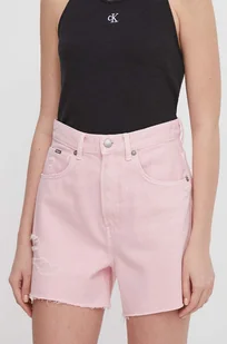 Pepe Jeans szorty jeansowe damskie kolor różowy gładkie high waist - Spodenki damskie - miniaturka - grafika 1