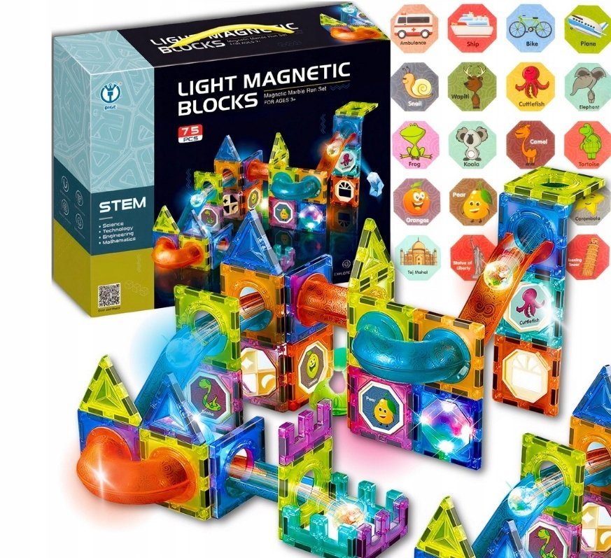 MEGA KREATYWNE KLOCKI MAGNETYCZNE KONSTRUKCYJNE ŚWIECĄCY TOR 75 el PREZENT