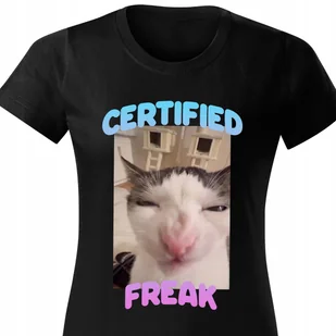 CZARNA KOSZULKA DAMSKA Krótki Rękaw KOT CERTIFIED FREAK Zabawne Wzory - S - Zestawy upominkowe - miniaturka - grafika 1