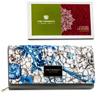 Portfele - Duży poziomy portfel damski na zatrzask skóra naturalna lakierowana PETERSON szary z niebieskim motywem rozbudowany na gotówkę karty schowek na suwa.. - miniaturka - grafika 1