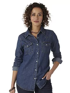 Koszule damskie - Wrangler Damska koszula dżinsowa z długim rękawem Western, Ciemny denim, L - grafika 1