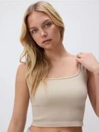 Koszulki i topy damskie - Reserved - Krótki top na ramiączkach - kremowy - miniaturka - grafika 1