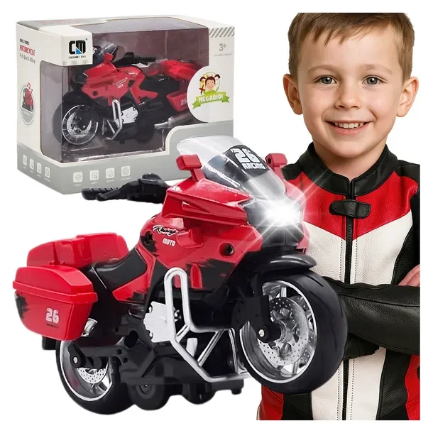Zabawka MOTOCYKL światła dźwięki METALOWY czerwony MOTOR napęd KUFRY