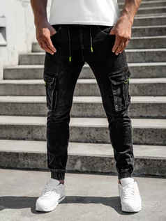 Spodnie męskie - Czarne spodnie jeansowe joggery bojówki męskie Denley KA9581 - grafika 1