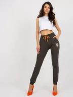 Dresy damskie - Spodnie dresowe ciemny khaki casual sportowy joggery nogawka ze ściągaczem naszywki troczki wiązanie - miniaturka - grafika 1