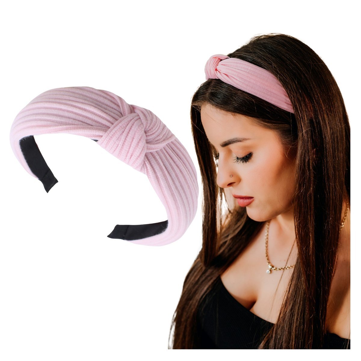 Opaska do Włosów Różowa Szeroka w Prążkowany Wzór z Supłem Lekka i Wygodna