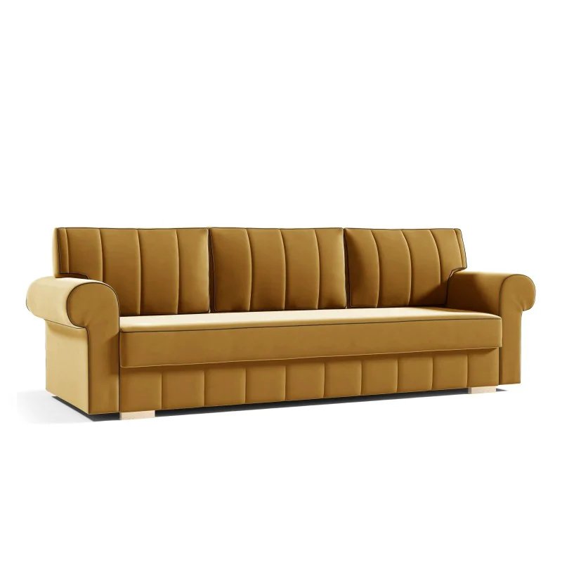 Sofa rozkładana INES Sofa z funkcją spania i pojemnikiem na pościel, rozkładana sofa, rozkładana sofa na drewnianych nóżkach, sofa w kolorze: żółtym, tkanina welurowa