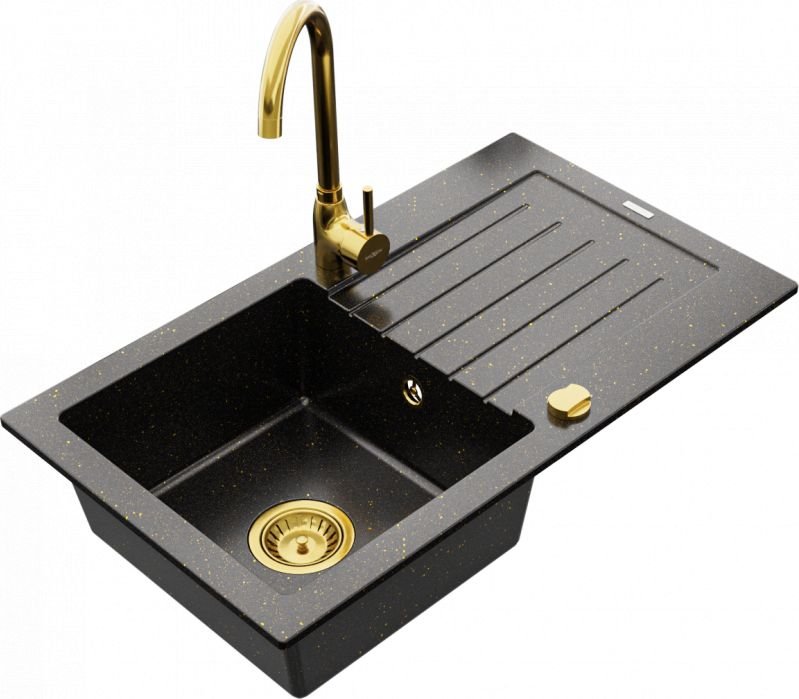 Mexen Zlewozmywak   Pablo zlewozmywak granitowy 1-komorowy z ociekaczem i baterią kuchenną Telma, czarny/złoty - 6510-75-670200-50
