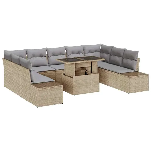 10-częściowy zestaw sof ogrodowych z poduszkami, beżowy, polyrattan